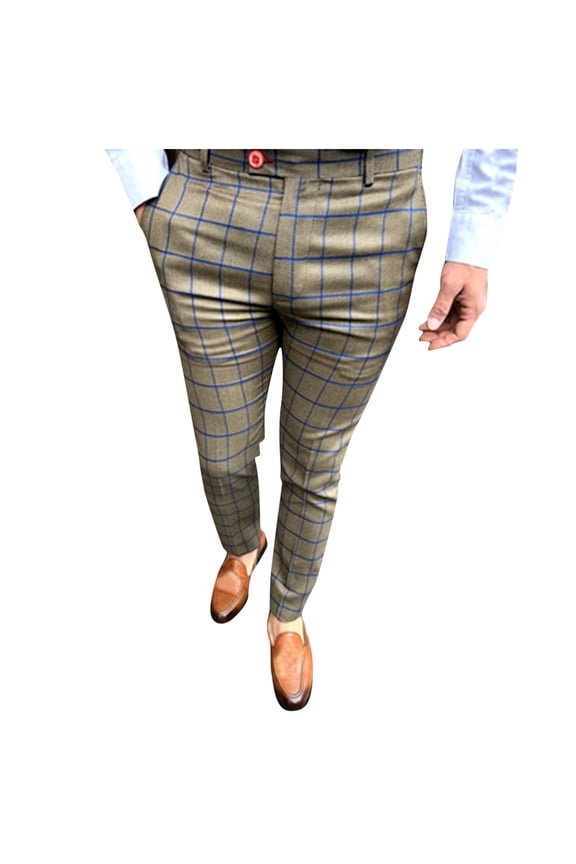 Mens Dress Pants Work Pants For Men Men's Casual Plaid Print Pencil Pants Zipper Elastic Waist Pants Trousers Pants For Men Khaki S