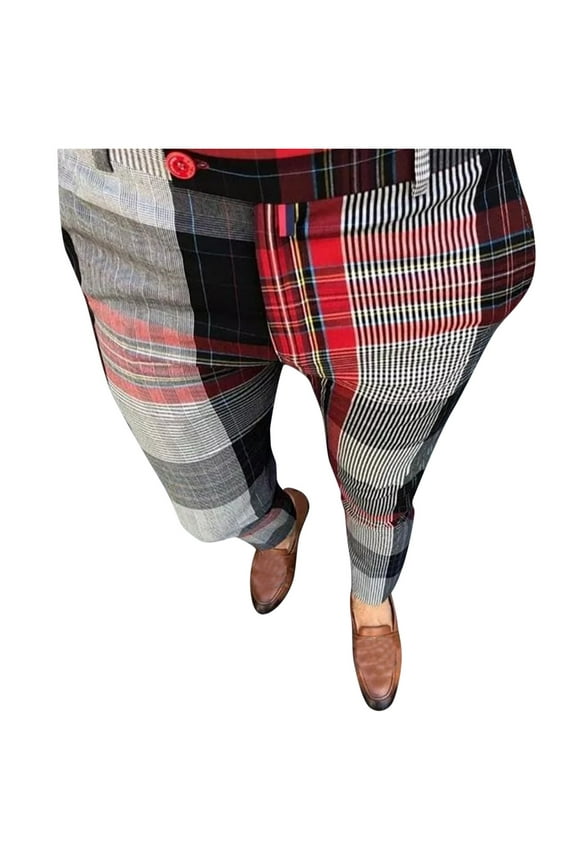 Mens Dress Pants Work Pants For Men Men's Casual Plaid Print Pencil Pants Zipper Elastic Waist Pants Trousers Pants For Men Red XXL