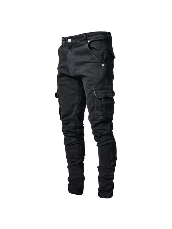 Mens Jeans Joggers For Men Mens Straight Hole Buckle Zipper Middle Waist Denim Long Pants Mens Pants Black 4XL