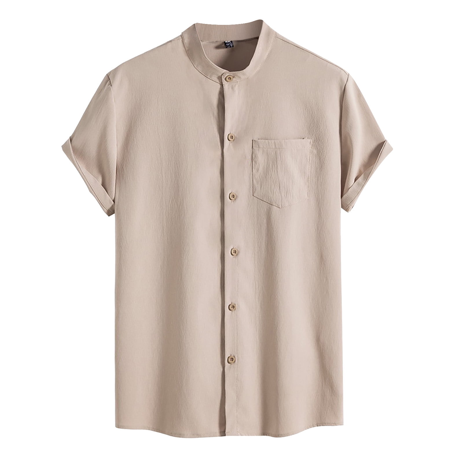 snowsong Mens Shirts T Shirts For Man Men's Fashion Spring And Summer Casual Short Sleeved Stand Up Collar Printed Shirt Men's Breathable Tops Summer Tops Beige L