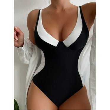 snowsong Plus Size Swimsuit for Women,2024 Hot Selling Women's Sexy Deep V-Neck One-Piece Plus Size SwimsuitOne Piece Swimsuit,Swim Suits 2024,Modest Swimsuits,(Clearance） Black XL