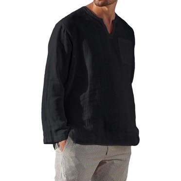 Mens V Neck Cotton Linen Henley Shirts Long Sleeve Banded Collar T ...