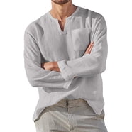 Mens V Neck Cotton Linen Henley Shirts Long Sleeve Banded Collar T ...