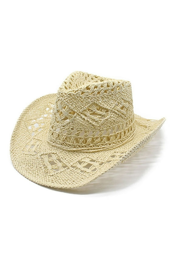Straw Cowboy Hat,2024 Hot-selling Unisex Fashionable Solid Hand Knitted Openwork Sunscreen Large Brim Cowboy Straw Hat,Cowboy Hat,Cowgirl Hat,Womens Clothing, Beige One Size