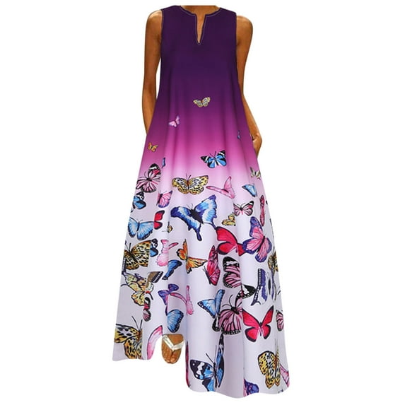 snowsong Summer Dress,Sundresses for Women Women Plus Size Butterfly Print Daily Sleeveless Vintage Boho V Neck Maxi Dress Beach Dress,Vacation Dresses,Hawaiian Dresses Purple Dress M