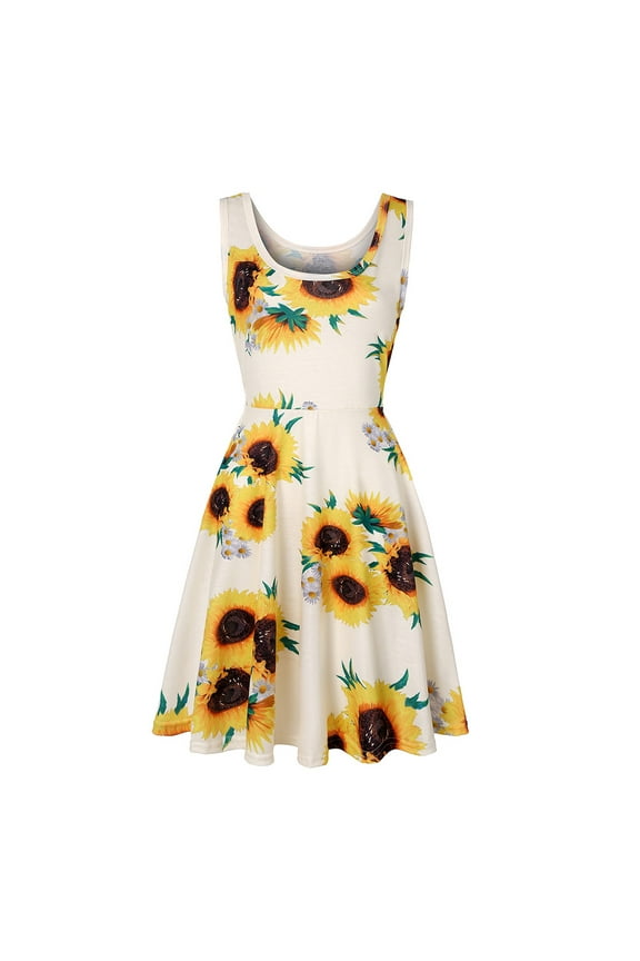 Summer Dress,Sundresses for Women Women Sleeveless Sunflower Print Summer Beach A Line Casual Dress Party Dress Beach Dress,Vacation Dresses,Hawaiian Dresses White Dress L