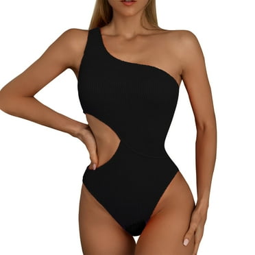 snowsong Swim Suits One Piece Swimsuit Women Ladies Summer Swimsuit Wrinkled Cloth Sexy Fashion Piece One Shoulder Bikini Tankini Swimsuits Bathing Suit Tummy Control Swimsuits Black L