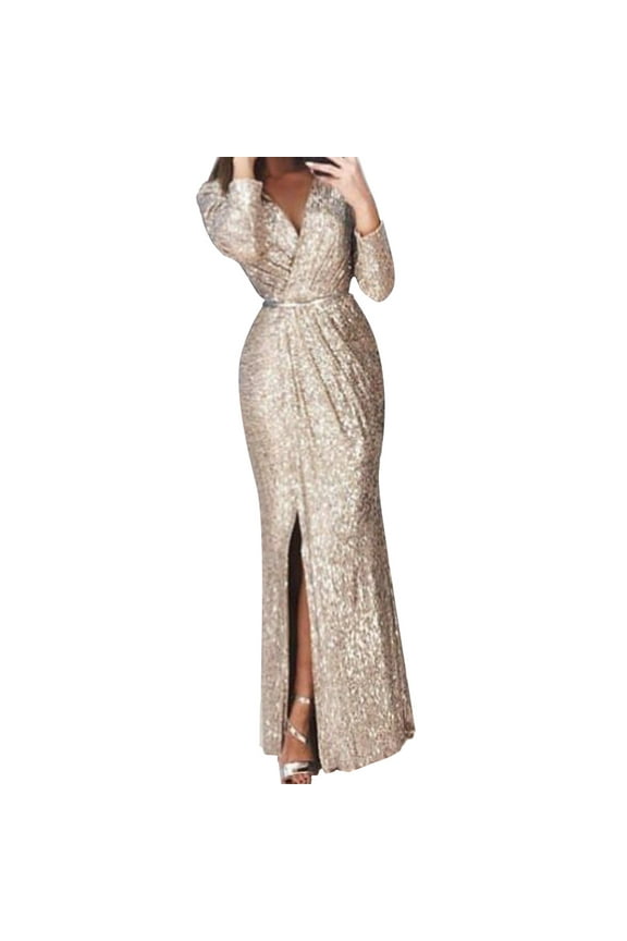 Wedding Guest Dresses,Formal Dresses Women's Sexy Sequin Long Sleeve V Neck Long Nightclub Style Slim Sling Dress With Slit Maxi Dress,Bridesmaid Dresses,Long Sleeve Dress Gold Dress XXL