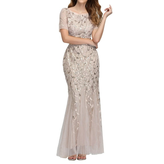 snowsong Wedding Guest Dresses,Formal Dresses Womens Double V Neck Short Sleeve Mermaid Dress Evening Prom Dress Maxi Dress,Bridesmaid Dresses,Elegant Dresses Gold Dress L