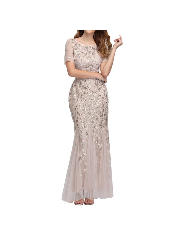 Wedding Guest Dresses,Formal Dresses Womens Double V Neck Short Sleeve Mermaid Dress Evening Prom Dress Maxi Dress,Bridesmaid Dresses,Elegant Dresses Gold Dress L