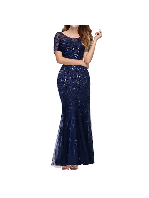 Wedding Guest Dresses,Formal Dresses Womens Double V Neck Short Sleeve Mermaid Dress Evening Prom Dress Maxi Dress,Bridesmaid Dresses,Elegant Dresses Navy Dress XL