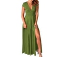 thumbnail image 1 of snowsong Women's Formal Dresses Women's Deep V Neck Short Sleeve Long Dresses Pleated High Waist Slit Club Party Evening Maxi Dress Wedding Guest Dresses For Women Prom Dress Army Green S, 1 of 7