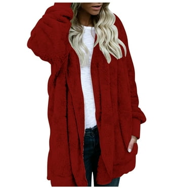 snowsong Women's Winter Solid Color Plush Warm Cardigan Mid-Length Double-Sided Jacket Loose Outercoat With Pocket,Cardigan Sweaters for Women,Long Cardigan,Coats for Women,Long Coat Women,Wine,XXL
