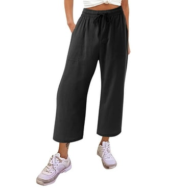 snowsong Womens Pants Linen Pants Women Womens Cotton Casual Loose Cropped Pants Comfy Work Pants With Pockets Elastic High Waist Paper Bag Drawstring Pants Lounge Pants Women Black XL