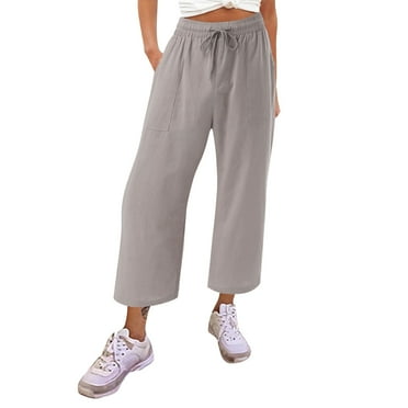 snowsong Womens Pants Linen Pants Women Womens Cotton Casual Loose Cropped Pants Comfy Work Pants With Pockets Elastic High Waist Paper Bag Drawstring Pants Lounge Pants Women Grey L