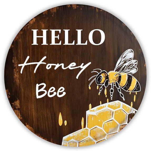 snowsun Round Spring Metal Tin Sign Hello Honey Bee Vintage Metal Signs Rustic Wall Decor for Home Porch Living Room Greenhouse Farmhouse Yard Garden Indoor Outdoor 8 Inch