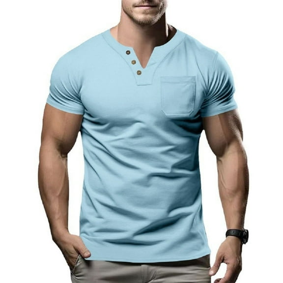 snullo Mens Cotton T Shirt Henley Shirts Casual Short Sleeve Fashion Button with Pocket Classic Tops
