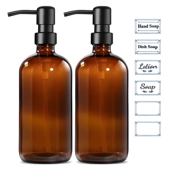 Behome 2 Pack Glass Soap Dispenser with Labels, 17 Oz Amber Hand Soap Dispensers with Stainless Steel Pump, for Essential Oil, Lotion Soap