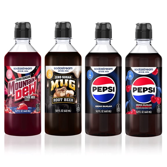 sodastream 14.9 fl oz Mountain Dew Code Red Zero, Mug Root Zero, Pepsi Zero and Pepsi Wild Cherry Zero Drink Mix, 4pk