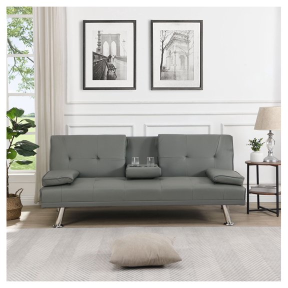 sofa bed with Armrest two holders WOOD FRAME, STAINLESS LEG, FUTON SOFA PVC