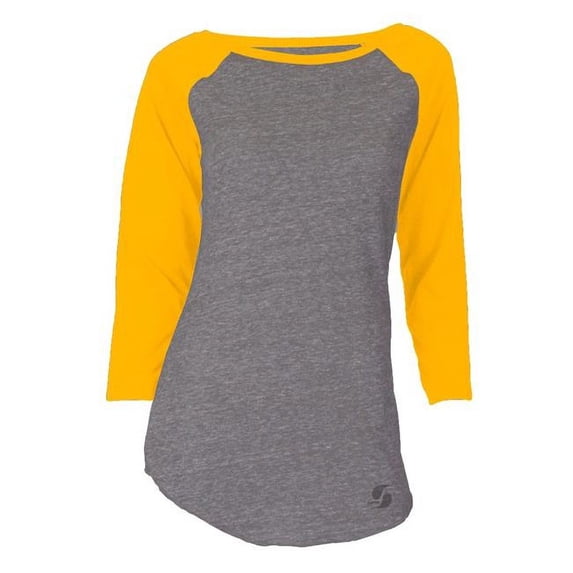 soffe women's juniors tri-blend 3/4 sleeve baseball tee, charcoal heather/gold, x-large