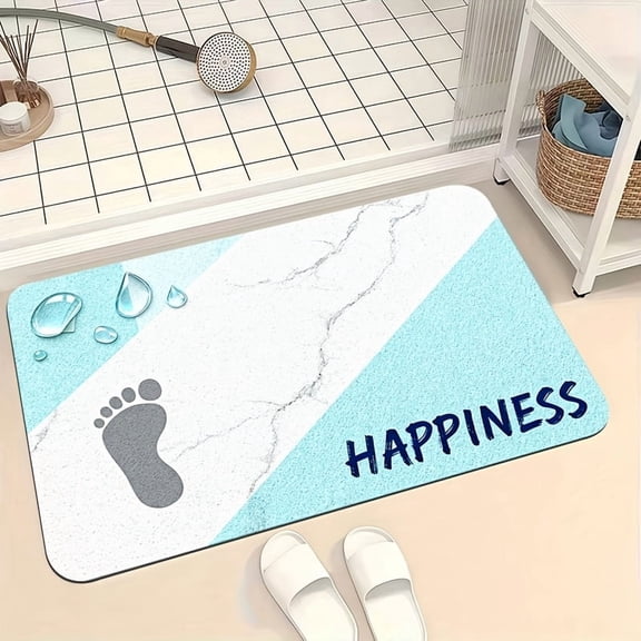 A soft, absorbent diatomaceous earth floor mat with grey footprints, water droplets, and a marble-look background. Machine washable and suitable for kitchens, hallways, bedrooms, bathrooms, and more.
