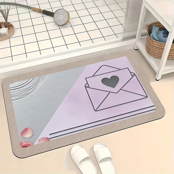 A soft, absorbent diatomaceous earth mat featuring a heart-shaped envelope pattern. Machine washable. Suitable for kitchens, hallways, bedroom entrances, bathrooms, living room entrances, and more.