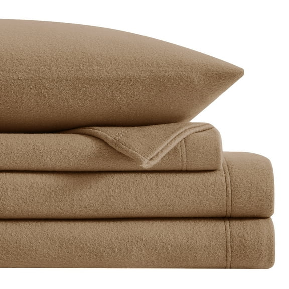softan Flannel Queen Sheets Set 4-Piece Micro Polar Fleece Bed Sets with 15" Deep Pocket Fitted Soft Warm Sheet, Flat Sheet and Pillowcase, Tan