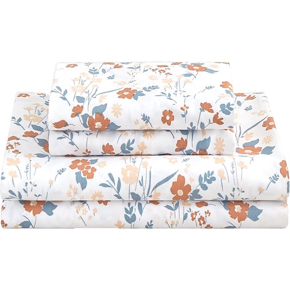 softan Floral Queen Sheet Set Orange Flower Bed Sheets Queen Printed Sheets Queen - 4 Piece Soft Microfiber Patterned Fitted Sheets Queen with 15" Deep Pocket