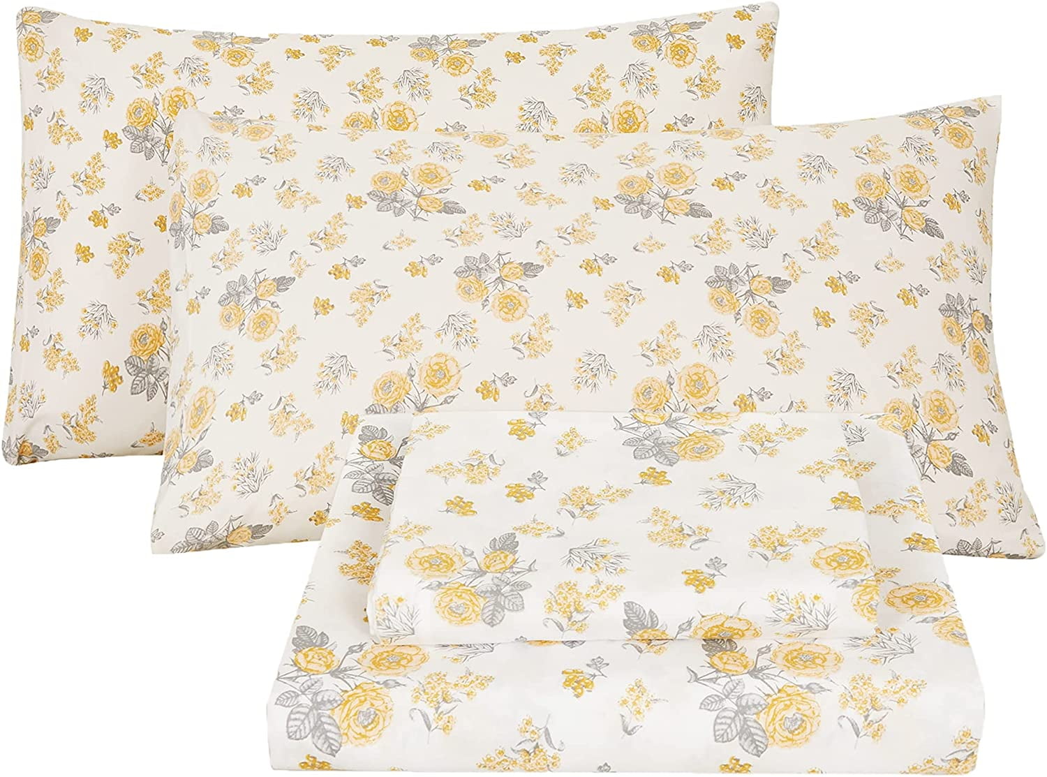 softan Yellow Floral Bed Sheets Queen, Flower Queen Size Sheets Set