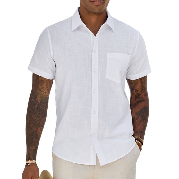 sogami Men's Linen Short Sleeve Hawaiian Shirt Button Down Casual Shirt For Beach