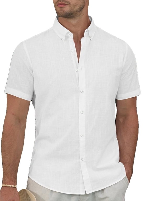 Men's Breathable Cotton Linen Short Sleeve Button Down Summer Shirt