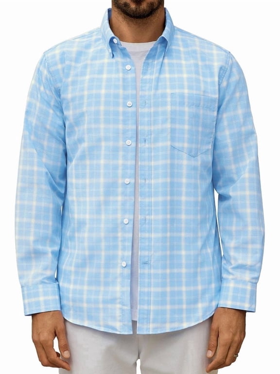 Men's Casual Plaid Long Sleeve Shirt Lightweight Cotton Gingham Shirt