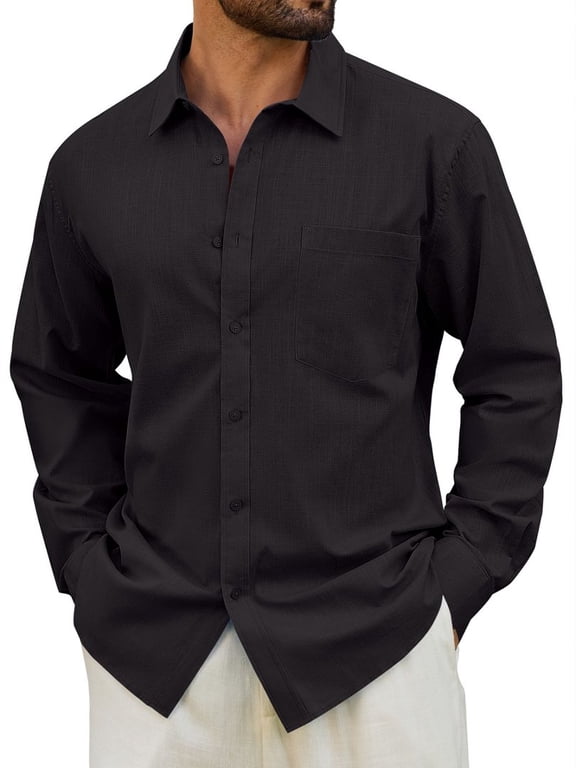 Men's Cotton Linen Shirt Casual Long Sleeve Button Down Shirt