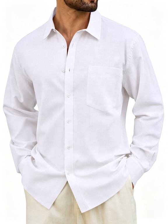 Men's Cotton Linen Shirt Casual Long Sleeve Button Down Shirt