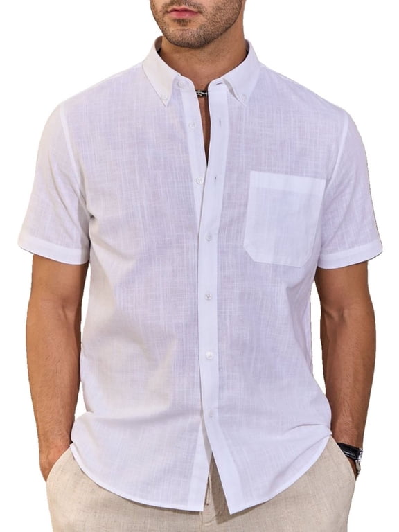 Men's Cotton Linen Short Sleeve Button Down Shirt Casual Summer Shirt