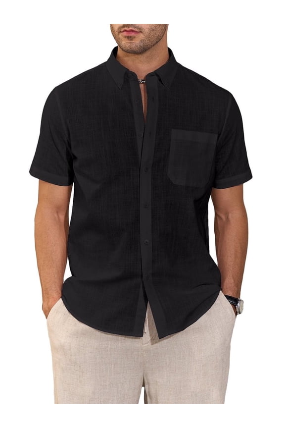 Men's Cotton Linen Short Sleeve Button Up Shirt Casual Summer Beach Shirt