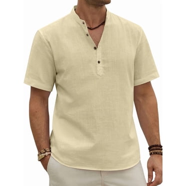 sogami Men's Henley Collar Button Up Short Sleeve Shirt Casual Linen Shirt