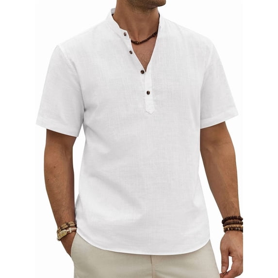 sogami Men's Henley Collar Short Sleeve Button Up Shirt Casual Linen Shirt