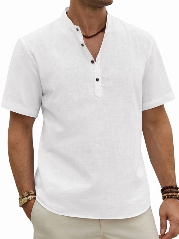 Men's Henley Collar Short Sleeve Button Up Shirt Casual Linen Shirt