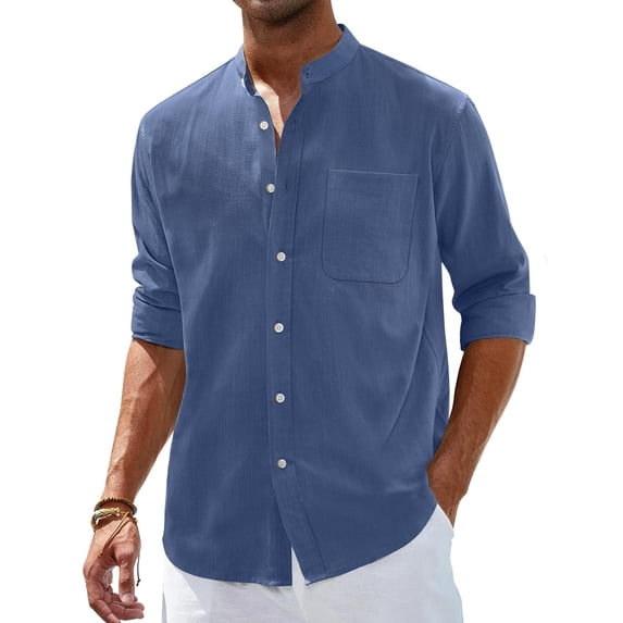 sogami Men's Long Sleeve Cotton Linen Shirts Band Collar Button Down Shirt