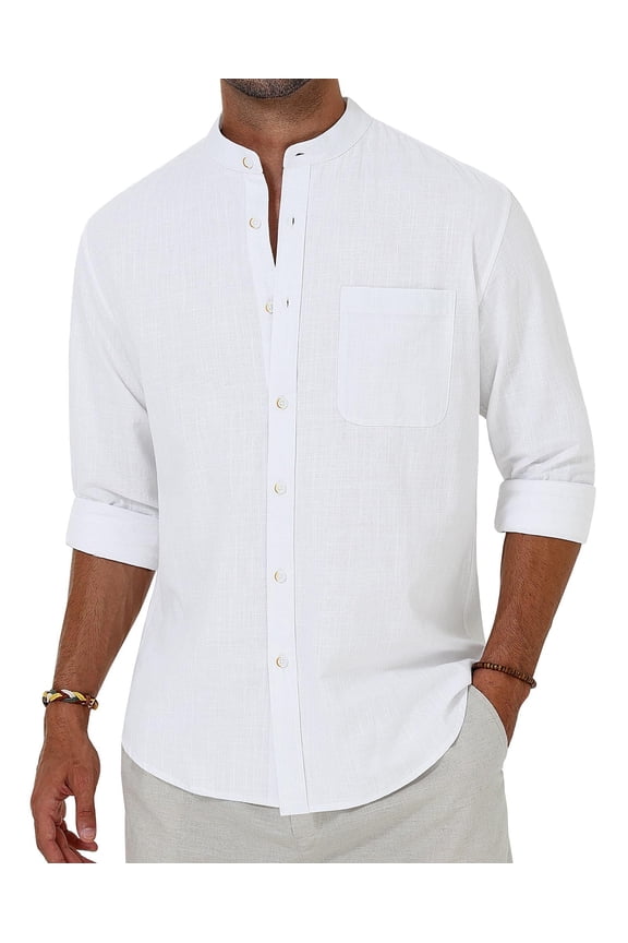 Men's Long Sleeve Cotton Linen Shirts Band Collar Button Down Shirt