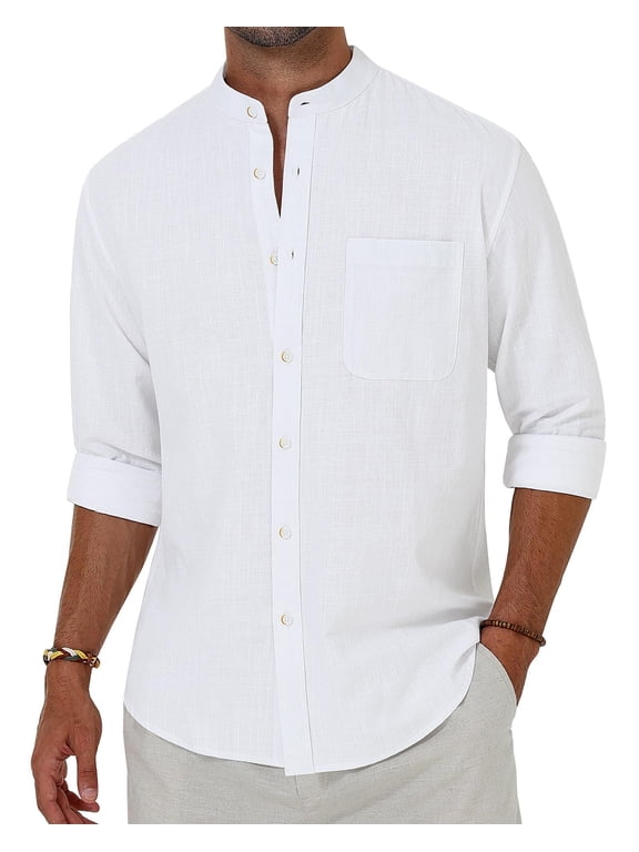 Men's Long Sleeve Cotton Linen Shirts Band Collar Button Down Shirt
