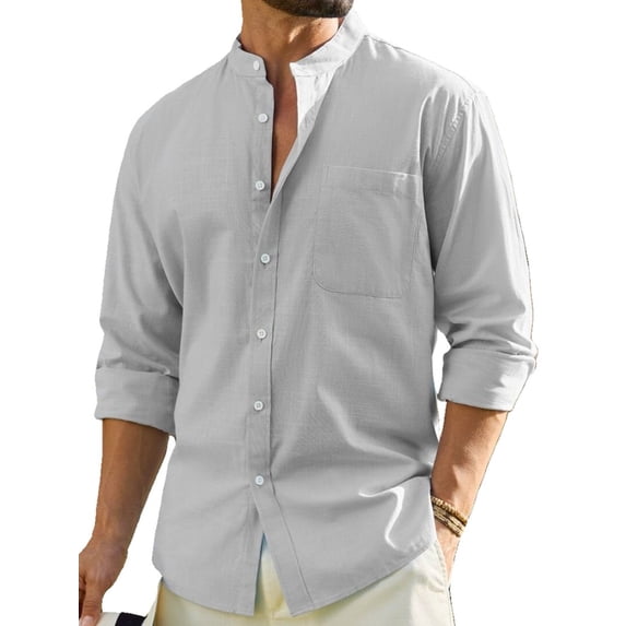 sogami Men's Long Sleeve Cotton Linen Shirts Standing Collar Button Down Shirt