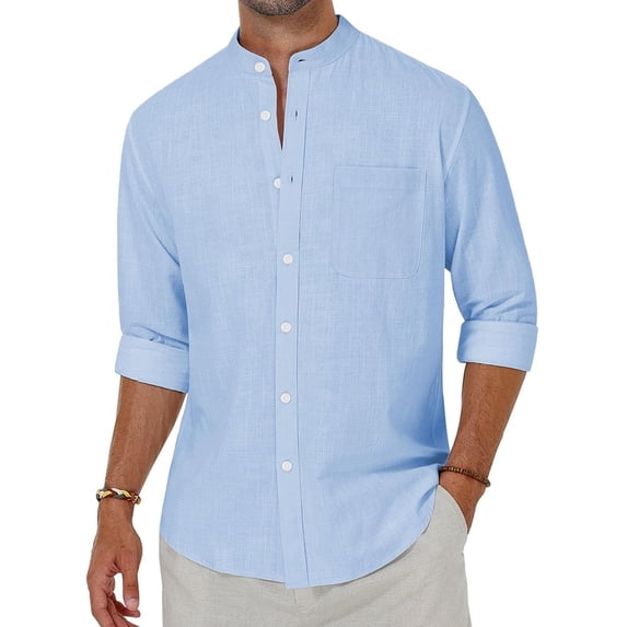 sogami Men's Long Sleeve Cotton Linen Shirts Standing Collar Button Down Shirt