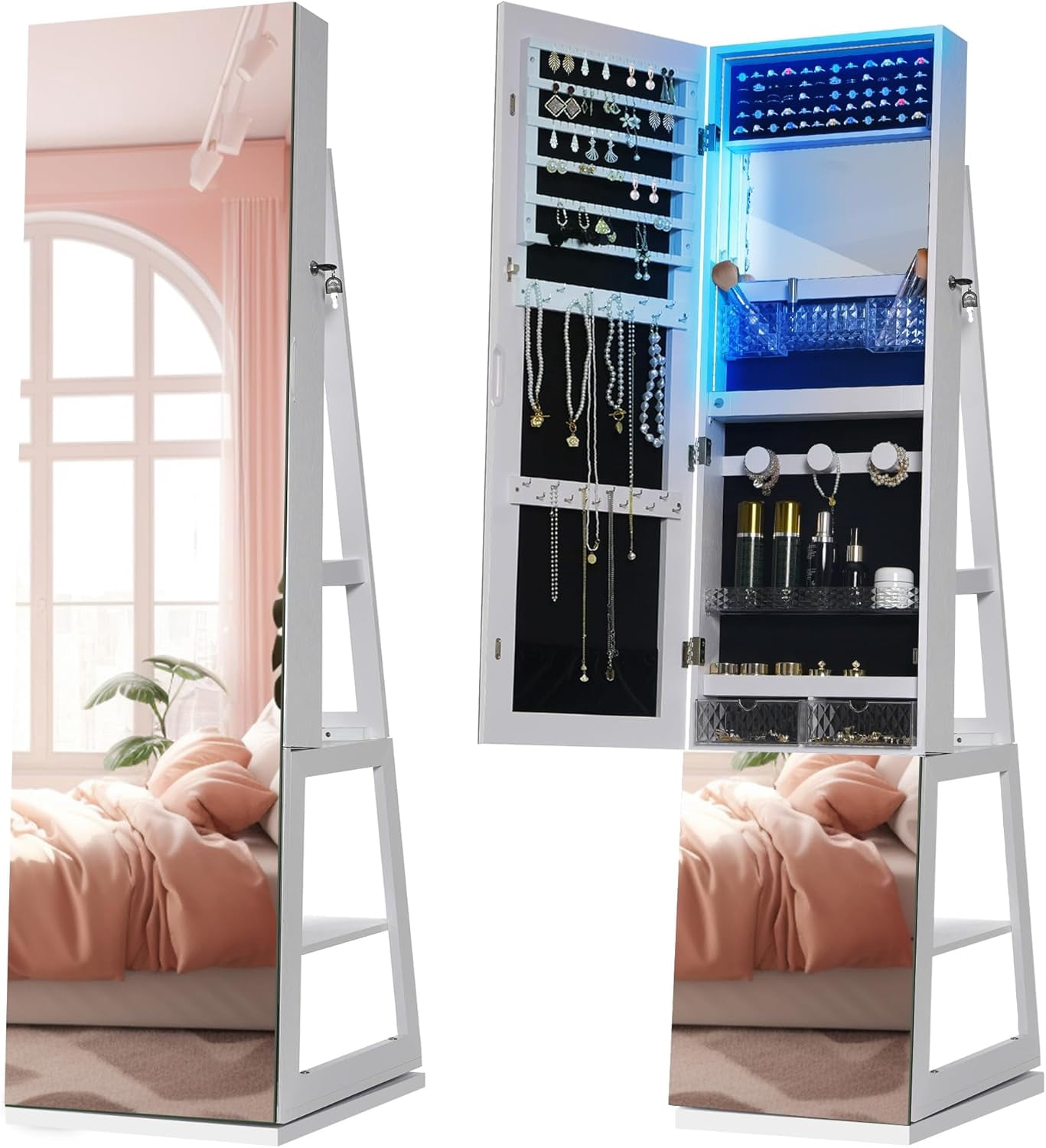 360° Swivel Jewelry Cabinet With Full-Length Mirror - Armoire Organizer, Lockable, LED Lights, Black Finish