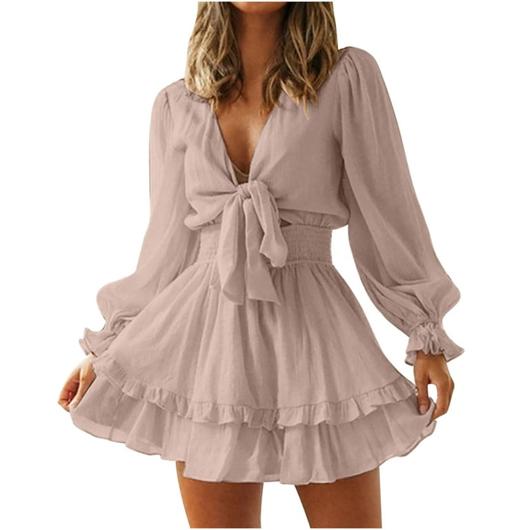 solacol Womens Dresses Long Sleeves Womens Dresses Summer Womens Dresses  for Summer Womens Autumn and Winter Sexy V-Neck Long Sleeve Ruffle Lace  Solid Dresses Womens Dresses with Sleeves 