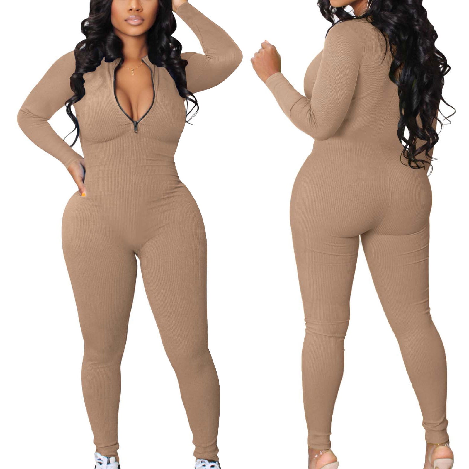 solacol Womens Ribbed Jumpsuits Ribbed Workout Rompers Long Sleeve Exercise  Zipper Jumpsuit 