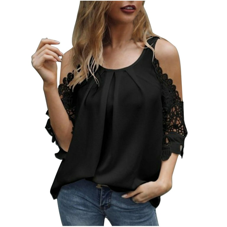 solacol Womens Tops 3/4 Sleeve Cute Womens Tops Off the Shoulder Tops for Women  Womens O Neck Lace Off Shoulder Leisure Commuting Home Fashion Top Off  Shoulder Tops for Women Off the