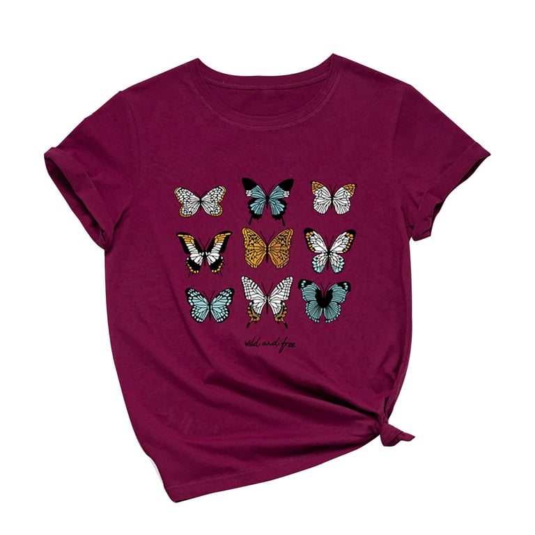 solacol Womens Tops Casual Cute Womens Tops Casual Womens Tops Womens  Fashion Casual Loose Butterfly Print Round Neck Top T-Shirt T-Shirts for  Women Butterfly Tops for Women Tops for Women Casual 